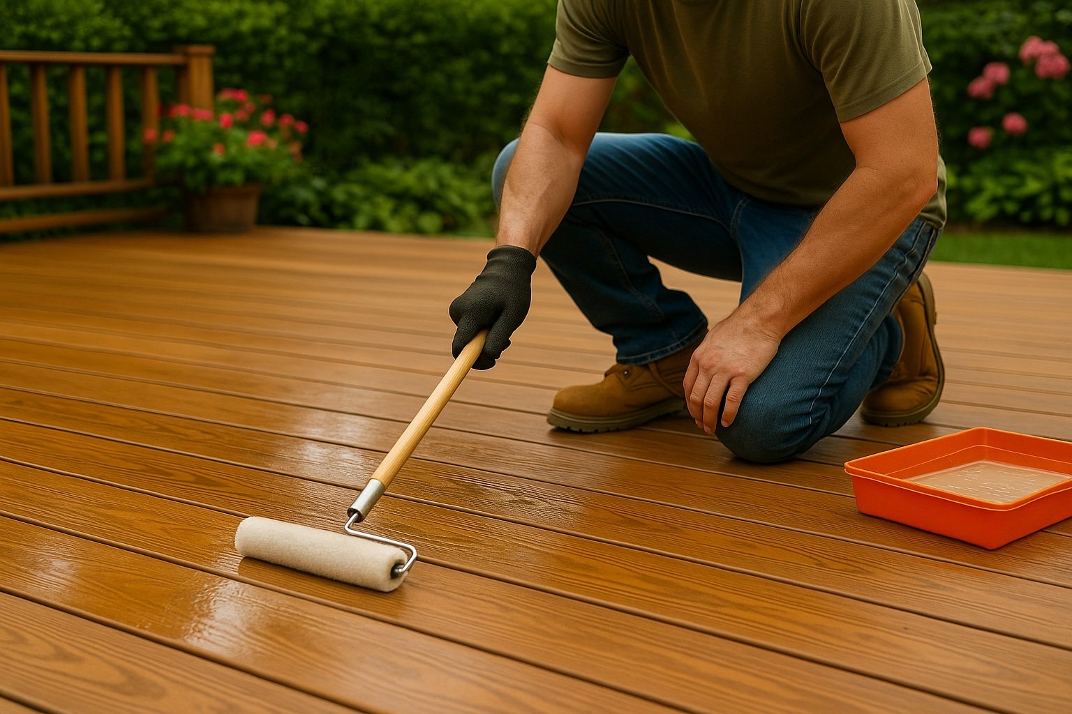 Applying protective stain or sealant to wooden deck boards using paint roller during deck maintenance