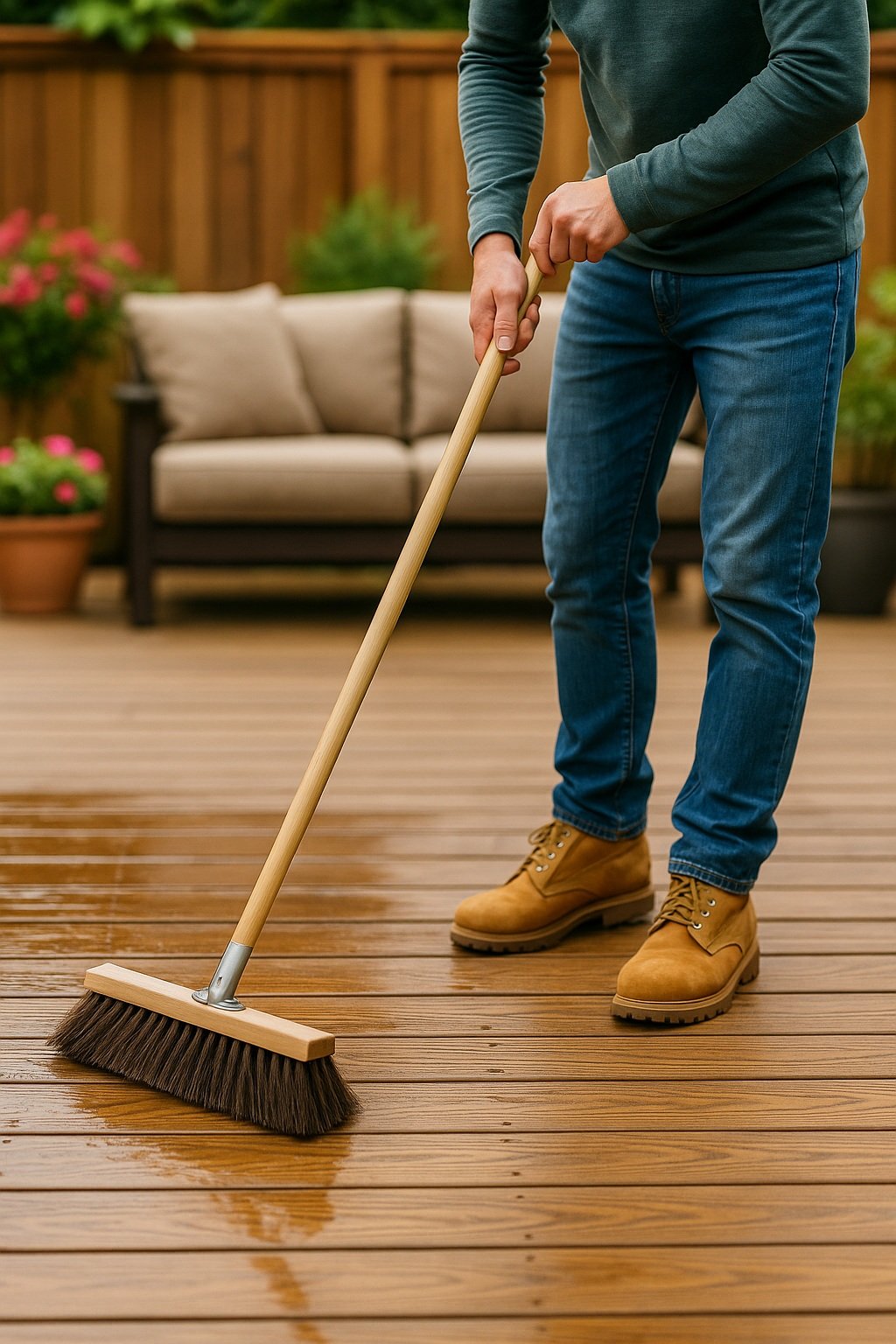 Homeowner sweeping a wooden backyard deck to remove water and debris during routine deck maintenance
