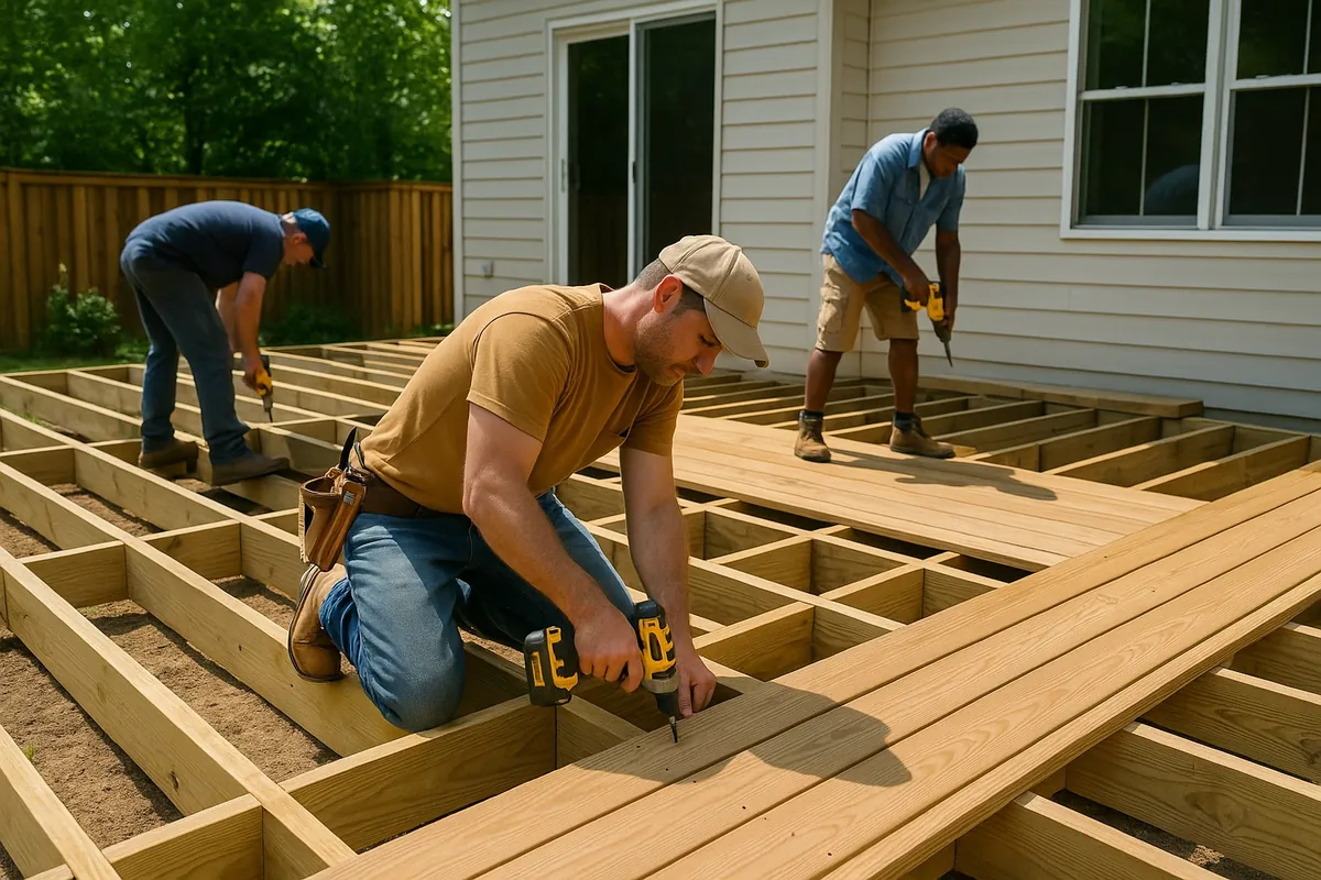 Deck builders installing pressure-treated deck framing and floor boards during residential deck construction in Newmarket Ontario