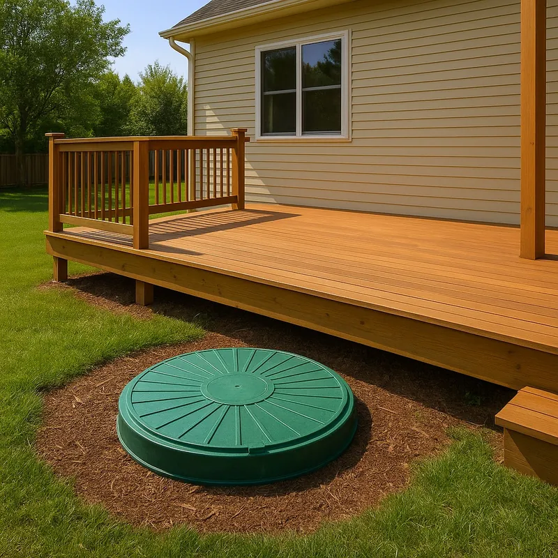 Backyard wooden deck built near a septic tank with visible green septic system access cover