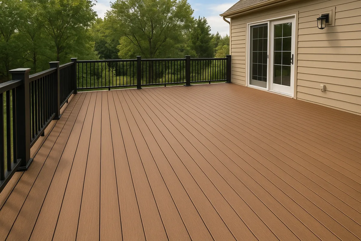 Large composite backyard deck with black railing installed behind a residential home