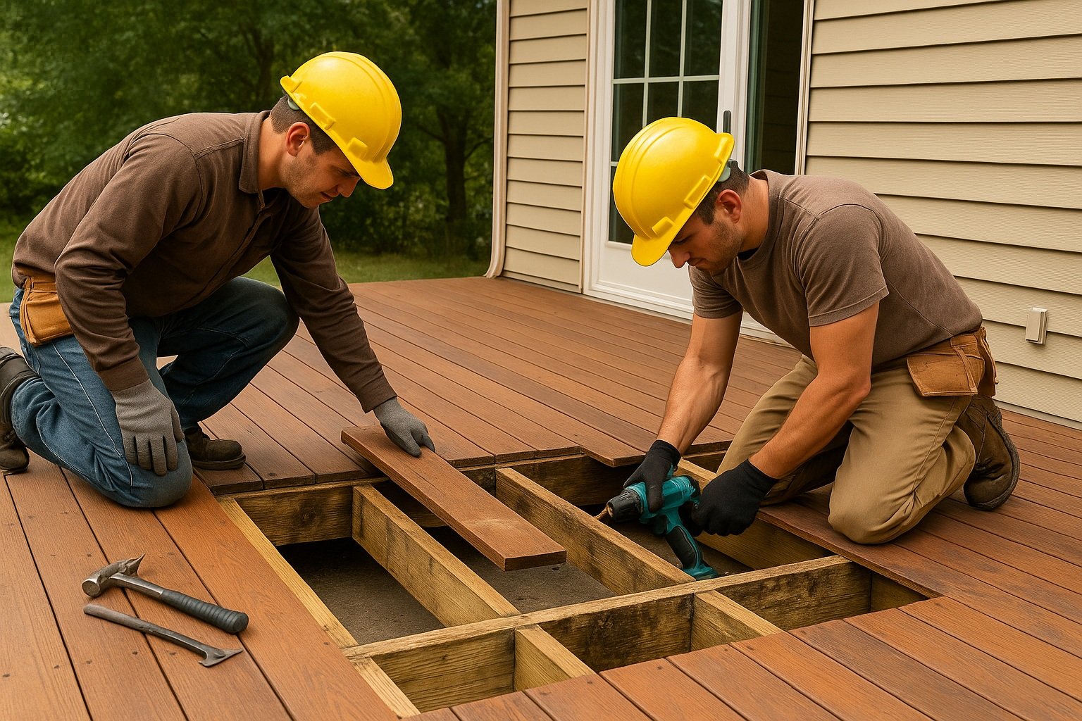 Contractors replacing damaged deck boards and repairing wooden deck framing