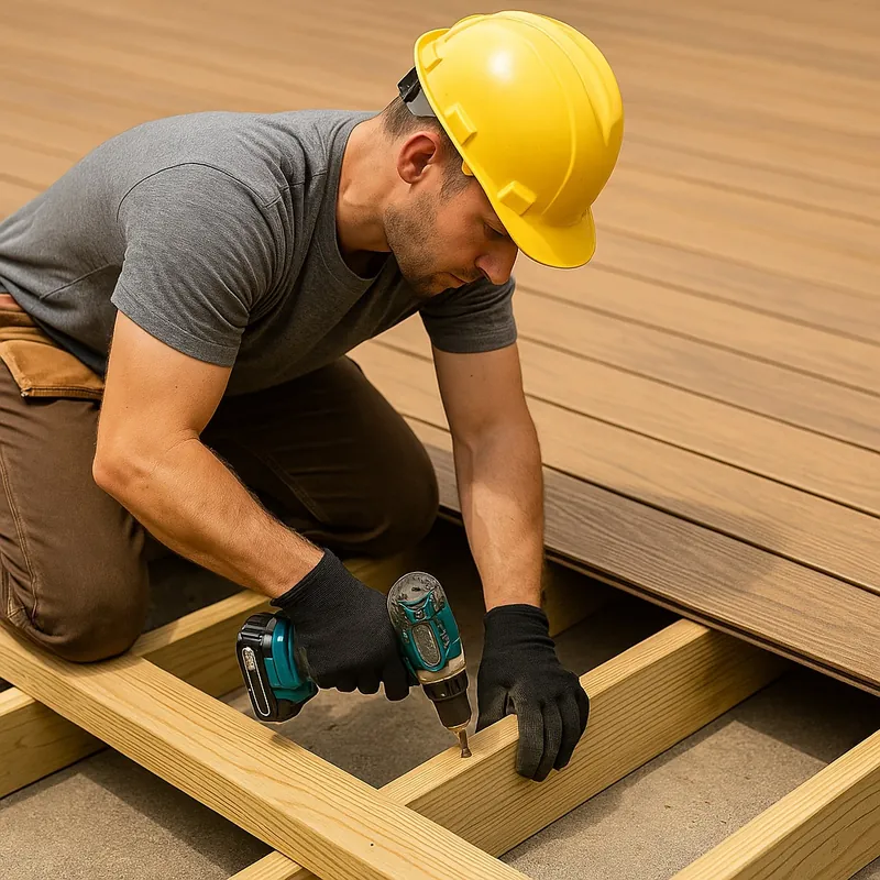 Deck builder installing composite decking boards on wooden frame during deck construction