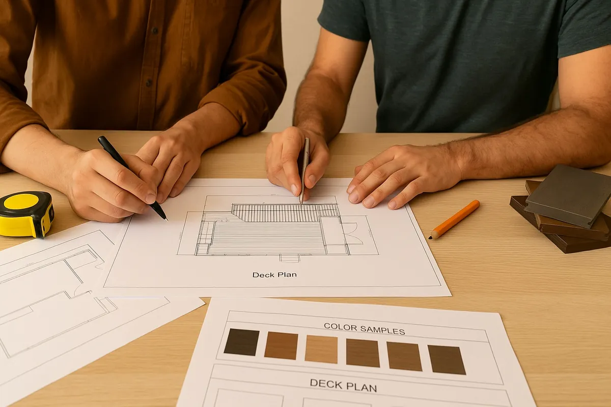 Homeowners reviewing deck design plans and wood colour samples during deck planning process