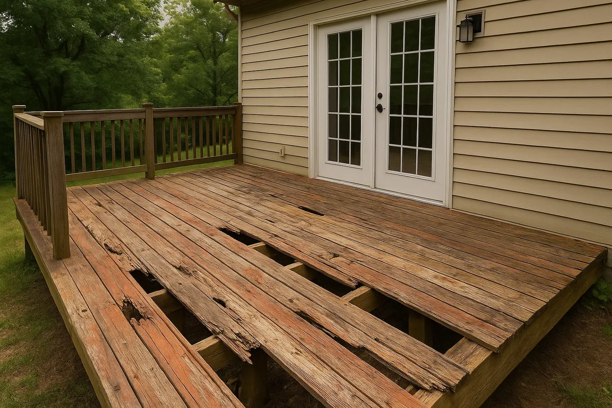 Severely damaged wooden deck boards with rot and structural deterioration requiring deck repair or replacement
