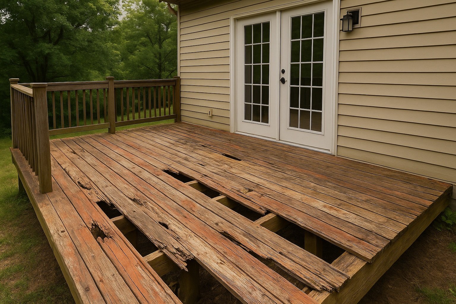 Severely damaged wooden deck boards with rot and structural deterioration requiring deck repair or replacement
