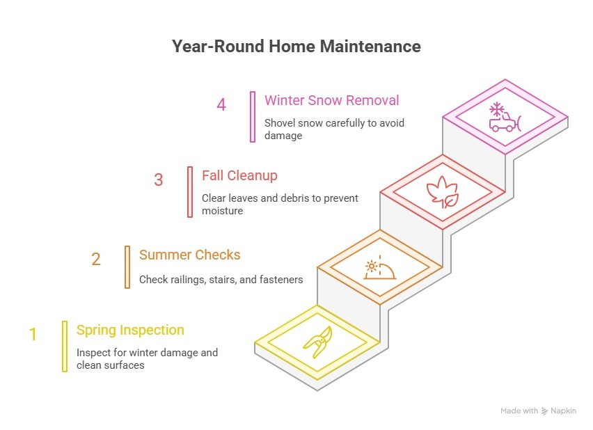 Year-round deck maintenance steps including spring inspection, summer checks, fall cleanup, and winter snow removal