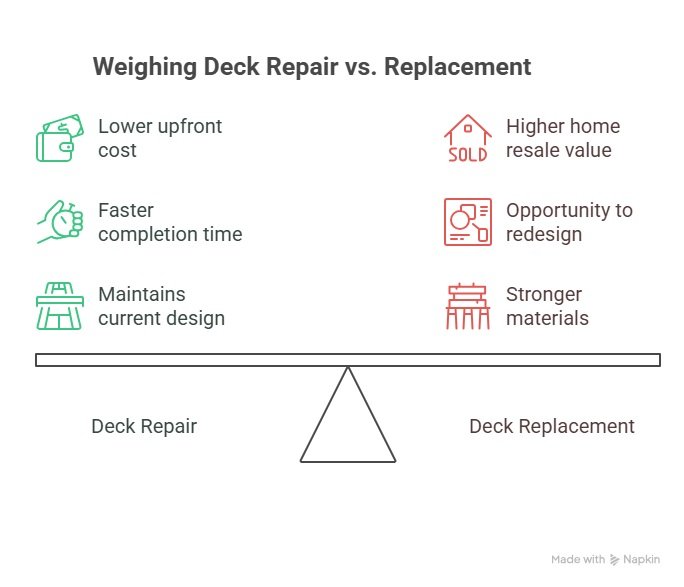 Comparison of deck repair and deck replacement showing cost, completion time, redesign options, and material durability