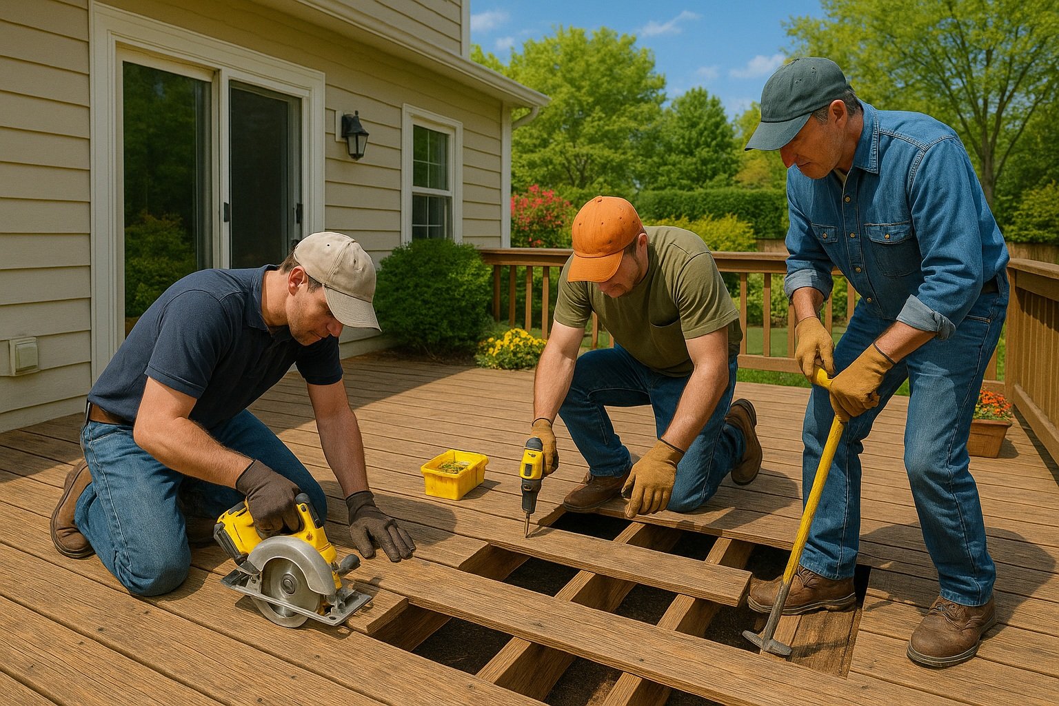 Contractors repairing a wooden backyard deck by removing damaged boards and fixing deck framing