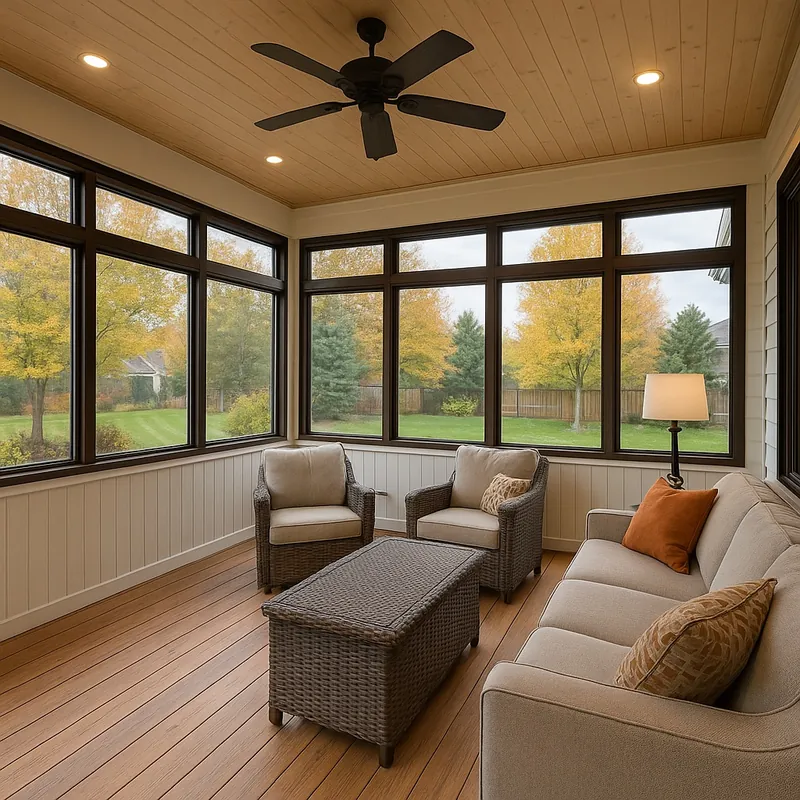 Covered deck sunroom with large windows and wood ceiling in Newmarket Ontario