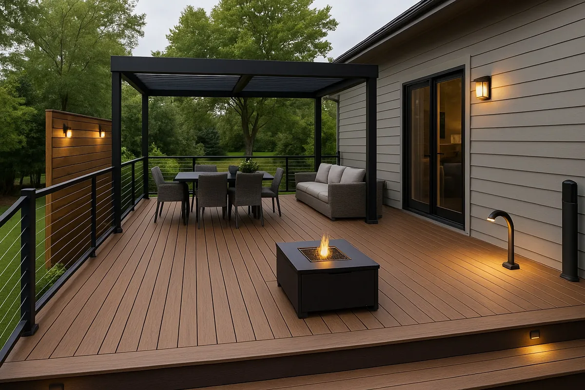 Modern covered backyard deck with pergola, outdoor seating, dining area, and built-in fire feature