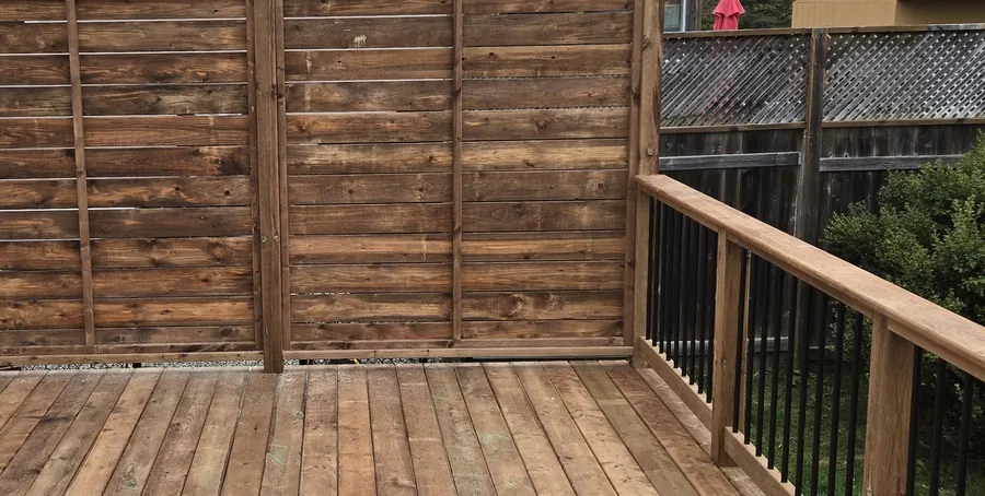 Dark-stained horizontal fence boards showing how a stained finish holds its colour