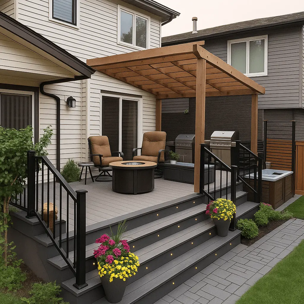 Composite deck with pergola, lighting, and patio furniture in a backyard setup in Ontario, perfect for entertaining outdoors