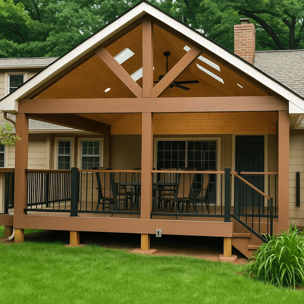 Covered backyard deck with gable roof and railing in Newmarket home
